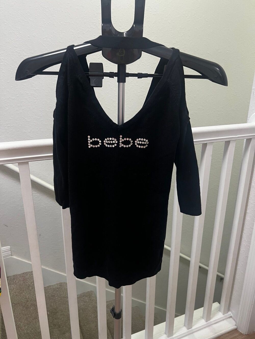 Vintage Y2K Bebe Swarovski Crystal Bedazzled Logo Cold Shoulder V-Neck Sweater